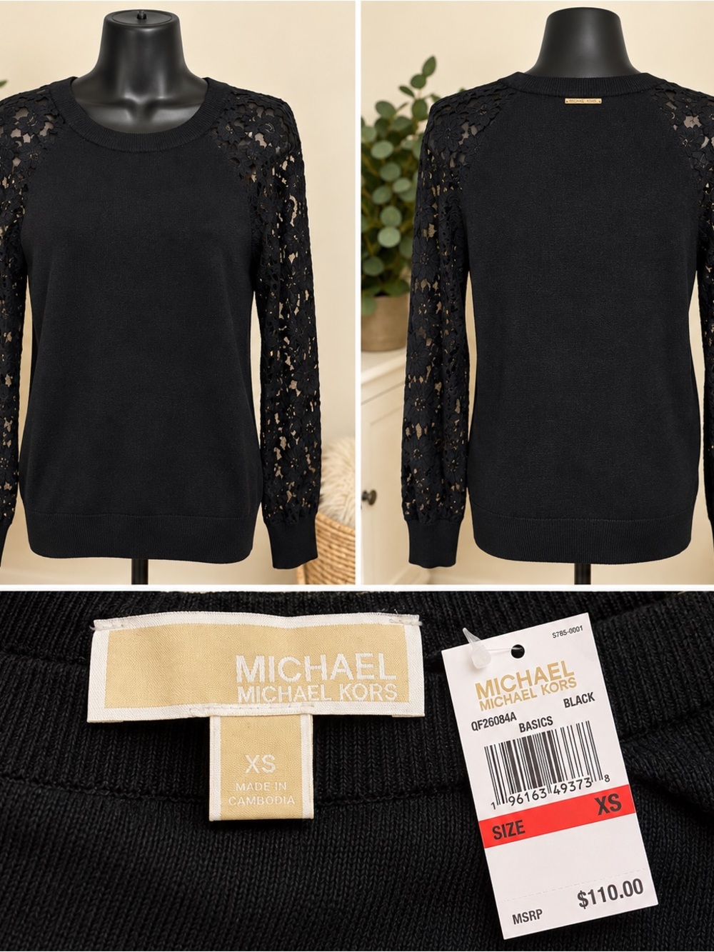 MICHAEL Michael Kors Black Lace-Sleeve Crewneck Sweater
